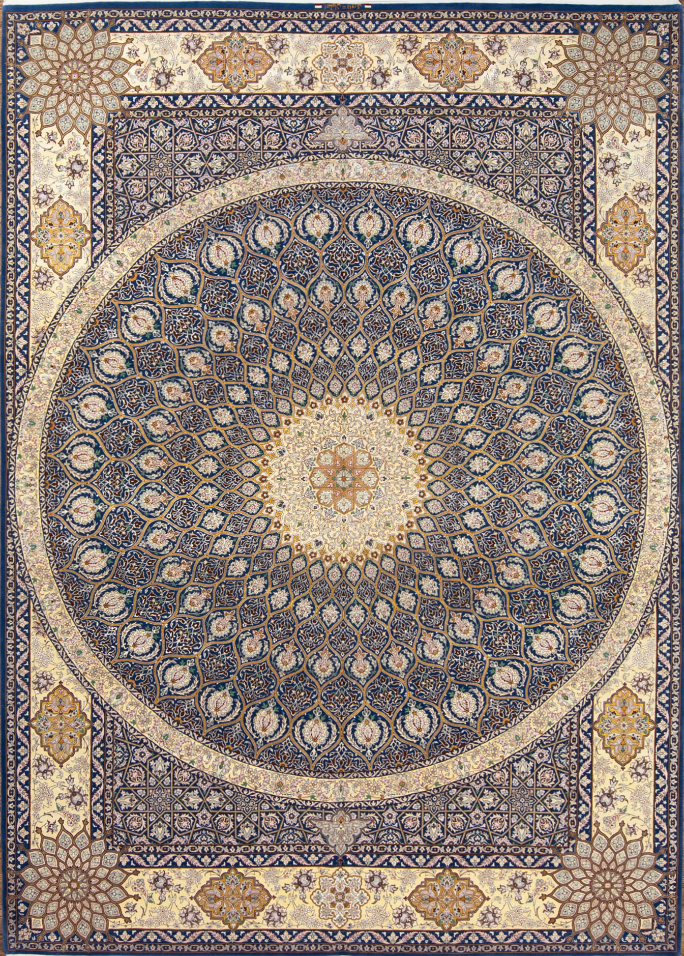 8x11 Persian rug. High quality handmade Persian Isfahan kork wool and silk rug, Mandala design in blue and gold colors.