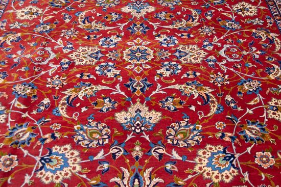 Persian floral rug. Hand knotted Persian Isfahan floral wool rug in orange red and blue colors. Size 10.9x14.6.