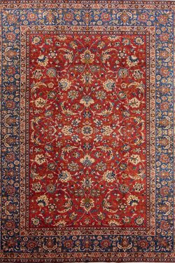 Persian floral rug. Hand knotted Persian Isfahan floral wool rug in orange red and blue colors. Size 10.9x14.6.