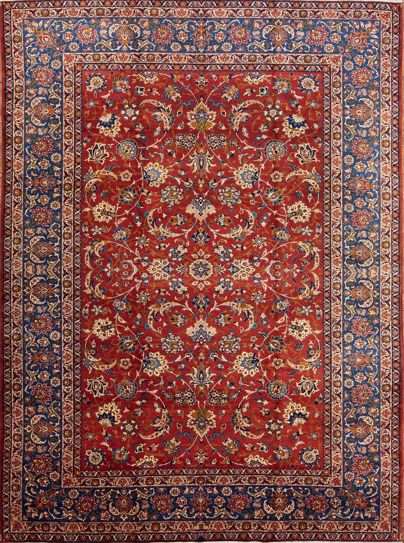 Persian floral rug. Hand knotted Persian Isfahan floral wool rug in orange red and blue colors. Size 10.9x14.6.