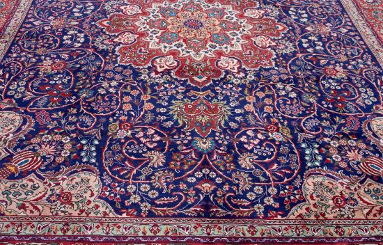 10x12 rug. Handmade old navy blue Persian rug made of wool, floral design.