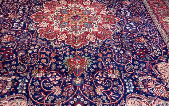 10x12 rug. Handmade old navy blue Persian rug made of wool, floral design.