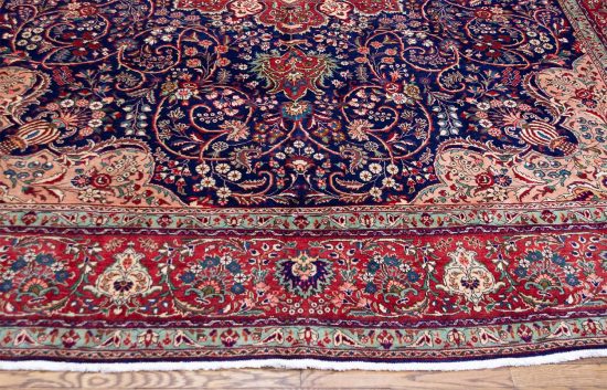 10x12 rug. Handmade old navy blue Persian rug made of wool, floral design.