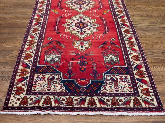 Wide runner rug, Handmade geometric Persian Baluchi runner rug in red color. Size 4.3x10.5