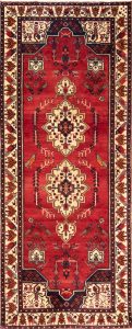 Wide runner rug, Handmade geometric Persian Baluchi runner rug in red color. Size 4.3x10.5