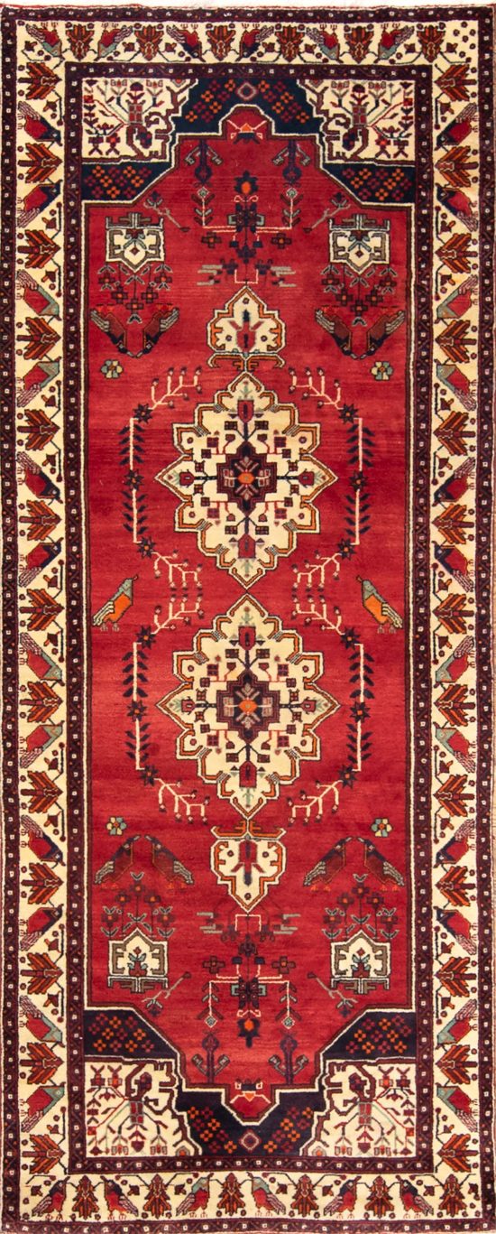 Wide runner rug, Handmade geometric Persian Baluchi runner rug in red color. Size 4.3x10.5