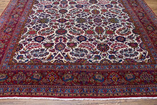 9x12 rug. Handmade Antique Persian Kashan rug, floral allover design in beige color.