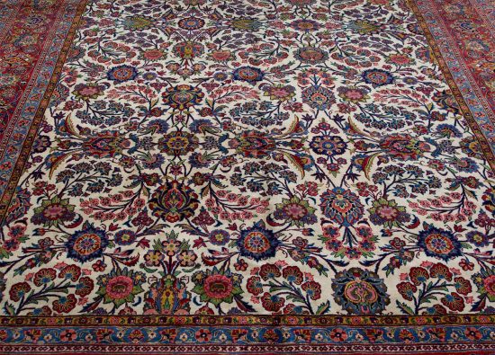 9x12 rug. Handmade Antique Persian Kashan rug, floral allover design in beige color.