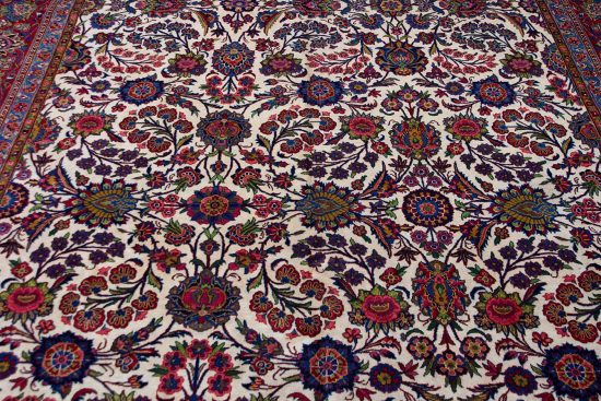 9x12 rug. Handmade Antique Persian Kashan rug, floral allover design in beige color.