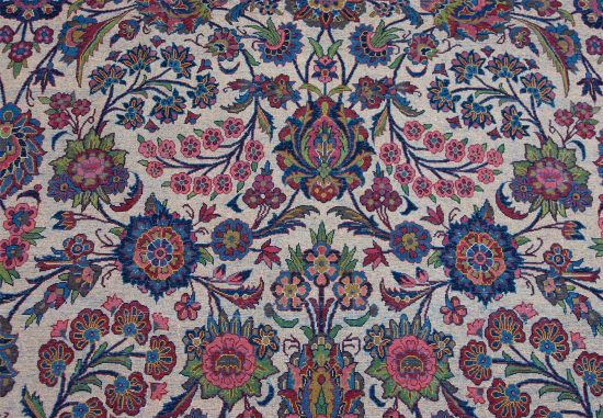 9x12 rug. Handmade Antique Persian Kashan rug, floral allover design in beige color.