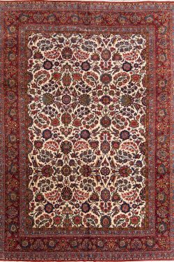 9x12 rug. Handmade Antique Persian Kashan rug, floral allover design in beige color.