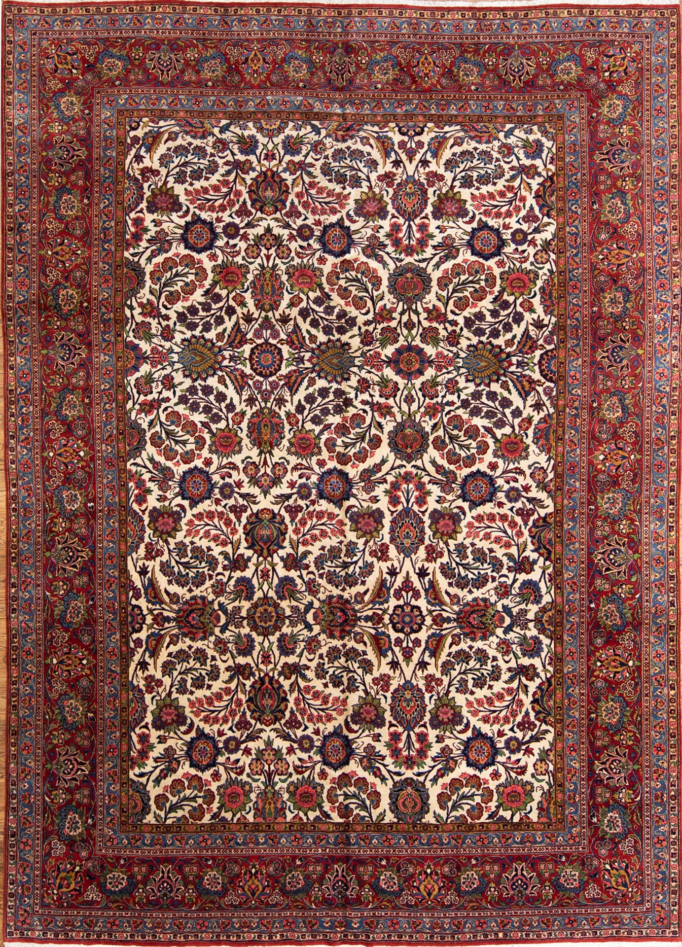 9x12 rug. Handmade Antique Persian Kashan rug, floral allover design in beige color.