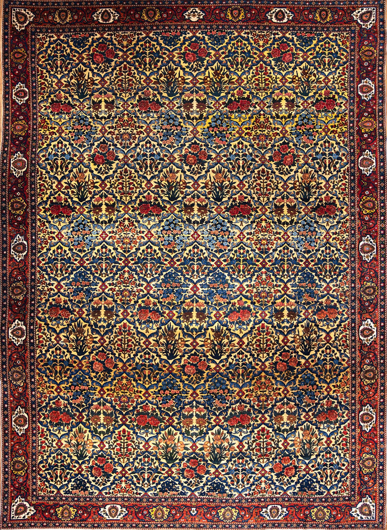 Antique Persian Bakhtiari rug, beige, and terracotta color. Size 15.3x20.5