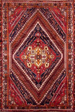 Persian Shiraz wool rug in red color geometric style. Size 5.8x8.8