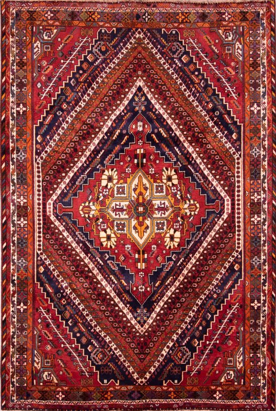 Persian Shiraz wool rug in red color geometric style. Size 5.8x8.8