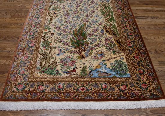 Pure silk Persian Qum rug, tree of life rug design with beige and green colors. Size 4.7x7.