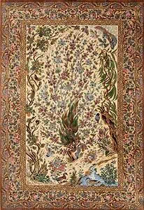 Pure silk Persian Qum rug, tree of life rug design with beige and green colors. Size 4.7x7.