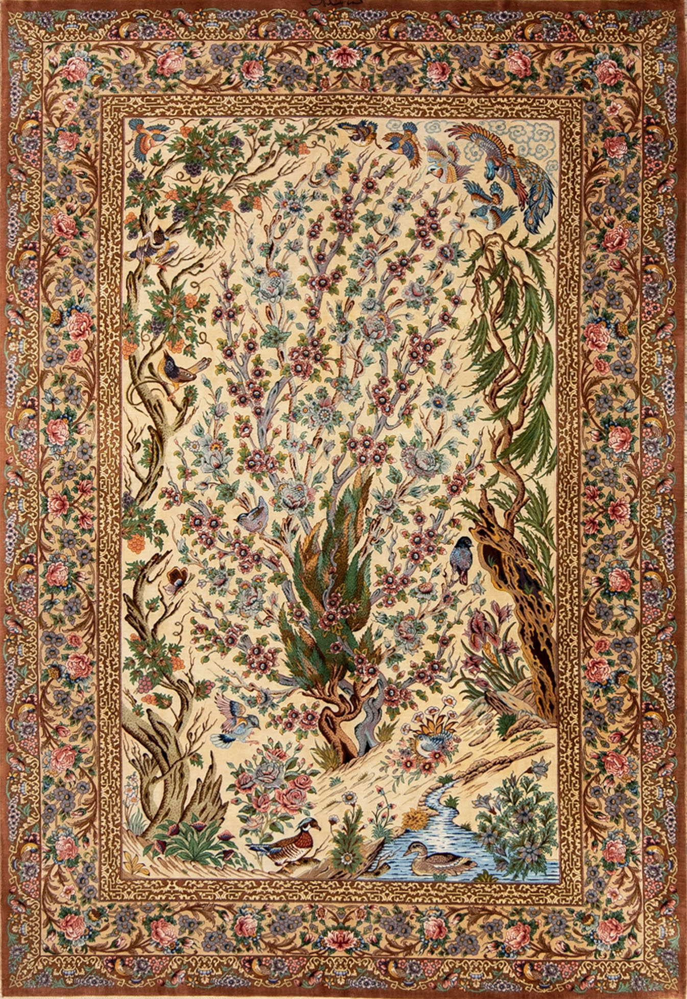Pure silk Persian Qum rug, tree of life rug design with beige and green colors. Size 4.7x7.
