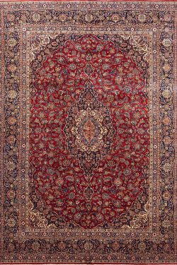 10x13 area rug. Handmade Persian Kashan wool rug for family room in red color.