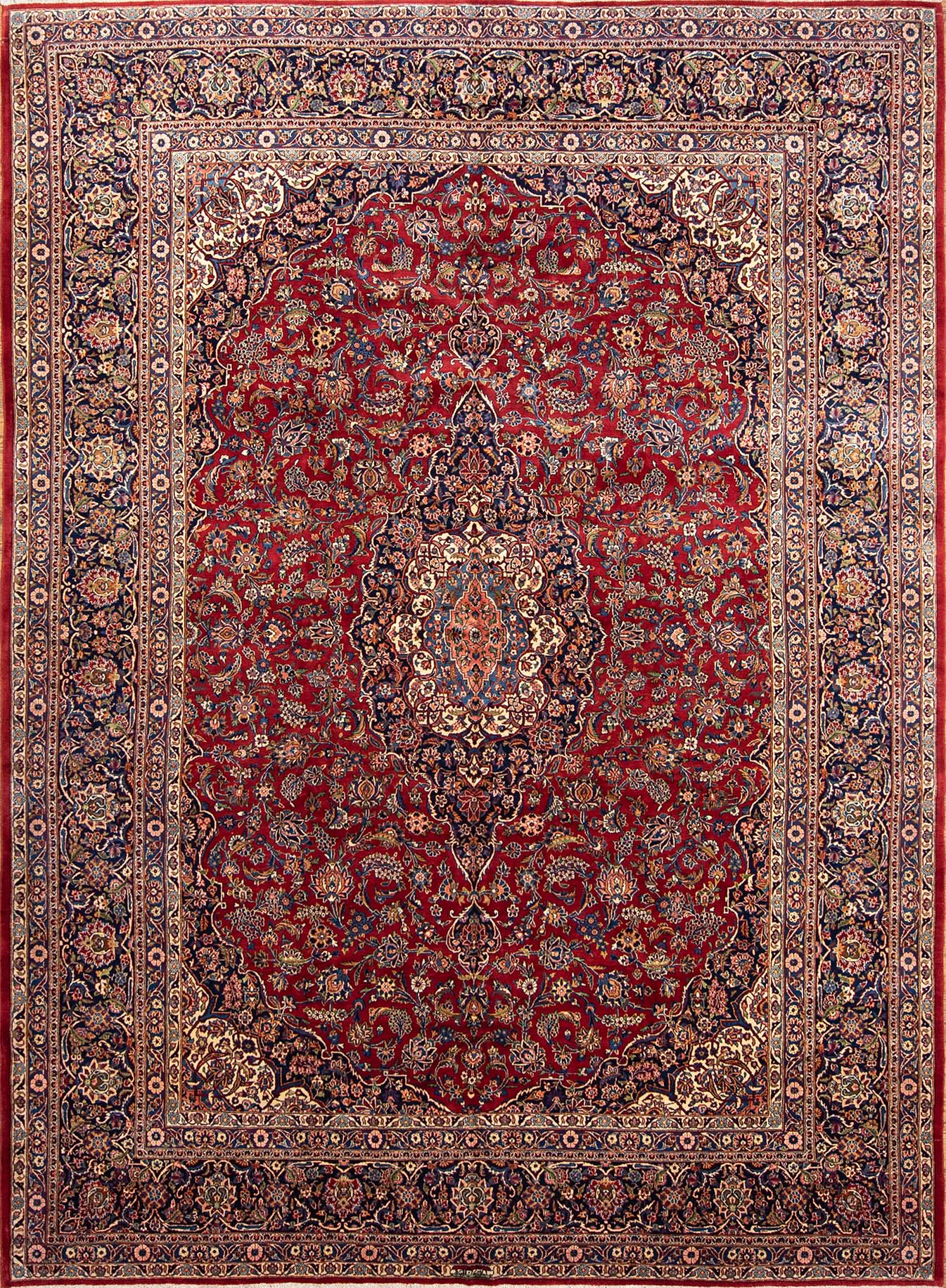 10x13 area rug. Handmade Persian Kashan wool rug for family room in red color.