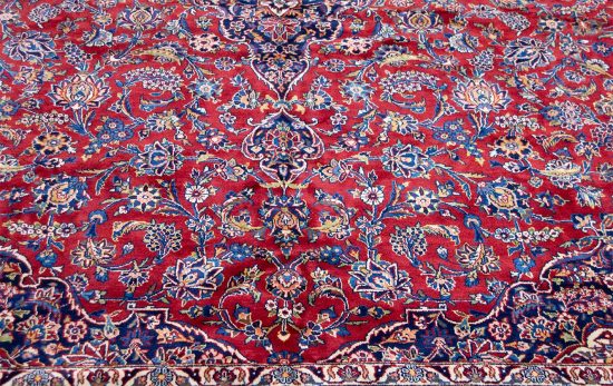 10x13 area rug. Handmade Persian Kashan wool rug for family room in red color.