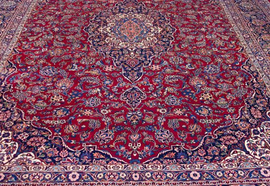 10x13 area rug. Handmade Persian Kashan wool rug for family room in red color.