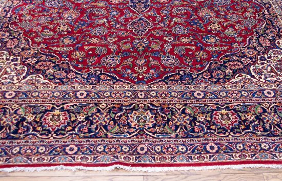 10x13 area rug. Handmade Persian Kashan wool rug for family room in red color.