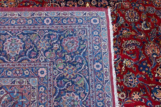 10x13 area rug. Handmade Persian Kashan wool rug for family room in red color.