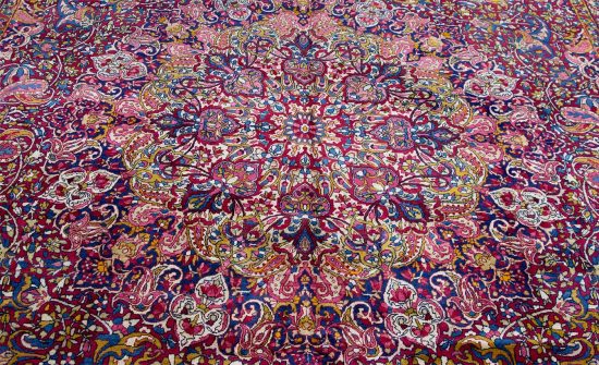 Antique rug. Handmade Persian Yazd antique rug, Multicolor with red and pink. Size 10.3x15.