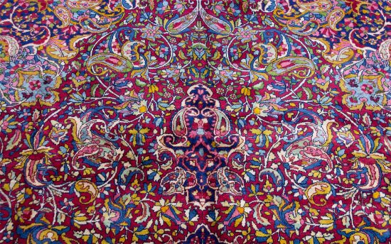 Antique rug. Handmade Persian Yazd antique rug, Multicolor with red and pink. Size 10.3x15.