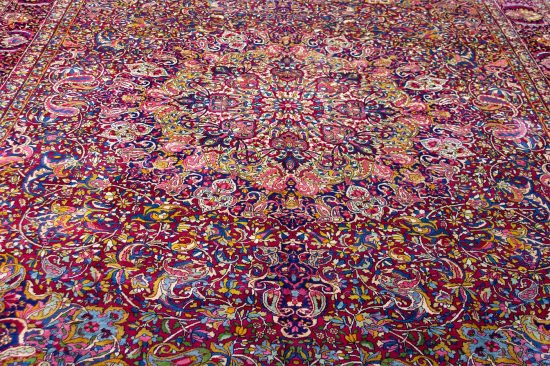 Antique rug. Handmade Persian Yazd antique rug, Multicolor with red and pink. Size 10.3x15.