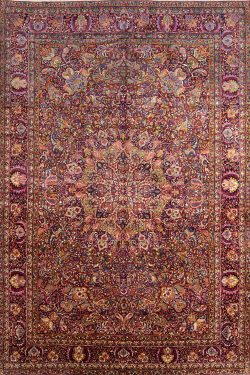 Antique rug. Handmade Persian Yazd antique rug, Multicolor with red and pink. Size 10.3x15.