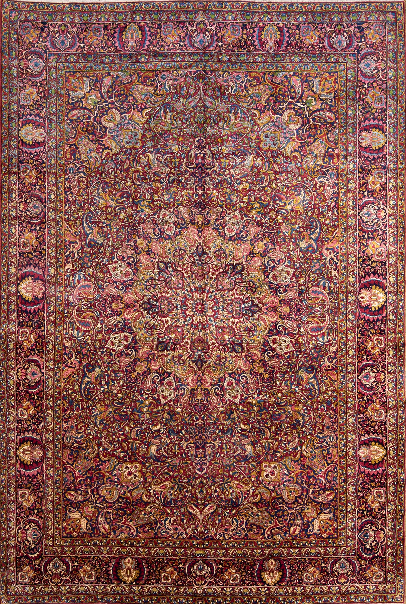Antique rug. Handmade Persian Yazd antique rug, Multicolor with red and pink. Size 10.3x15.