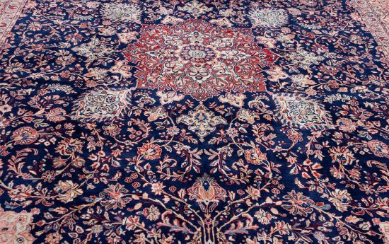 Persian navy blue area rug. Handmade Persian Sarouk floral wool area rug. Rug size 10x13.7.