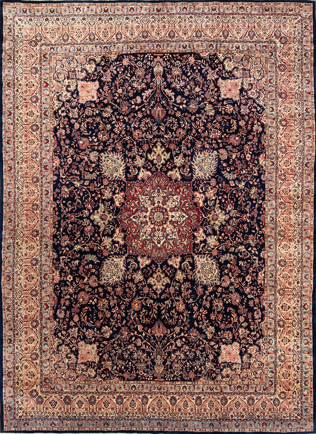 Persian navy blue area rug. Handmade Persian Sarouk floral wool area rug. Rug size 10x13.7.