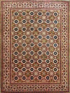 Large area rugs. Hand knotted Persian Kashan area rug made of wool multicolor with green and beige. Size 11x14.