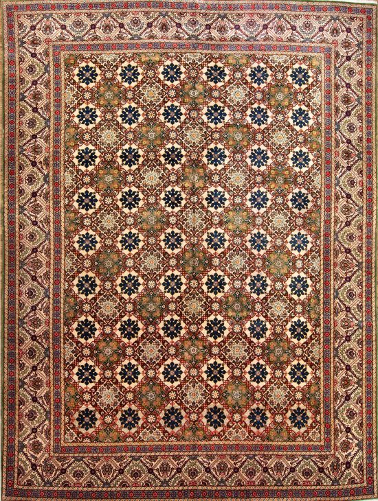 Large area rugs. Hand knotted Persian Kashan area rug made of wool multicolor with green and beige. Size 11x14.