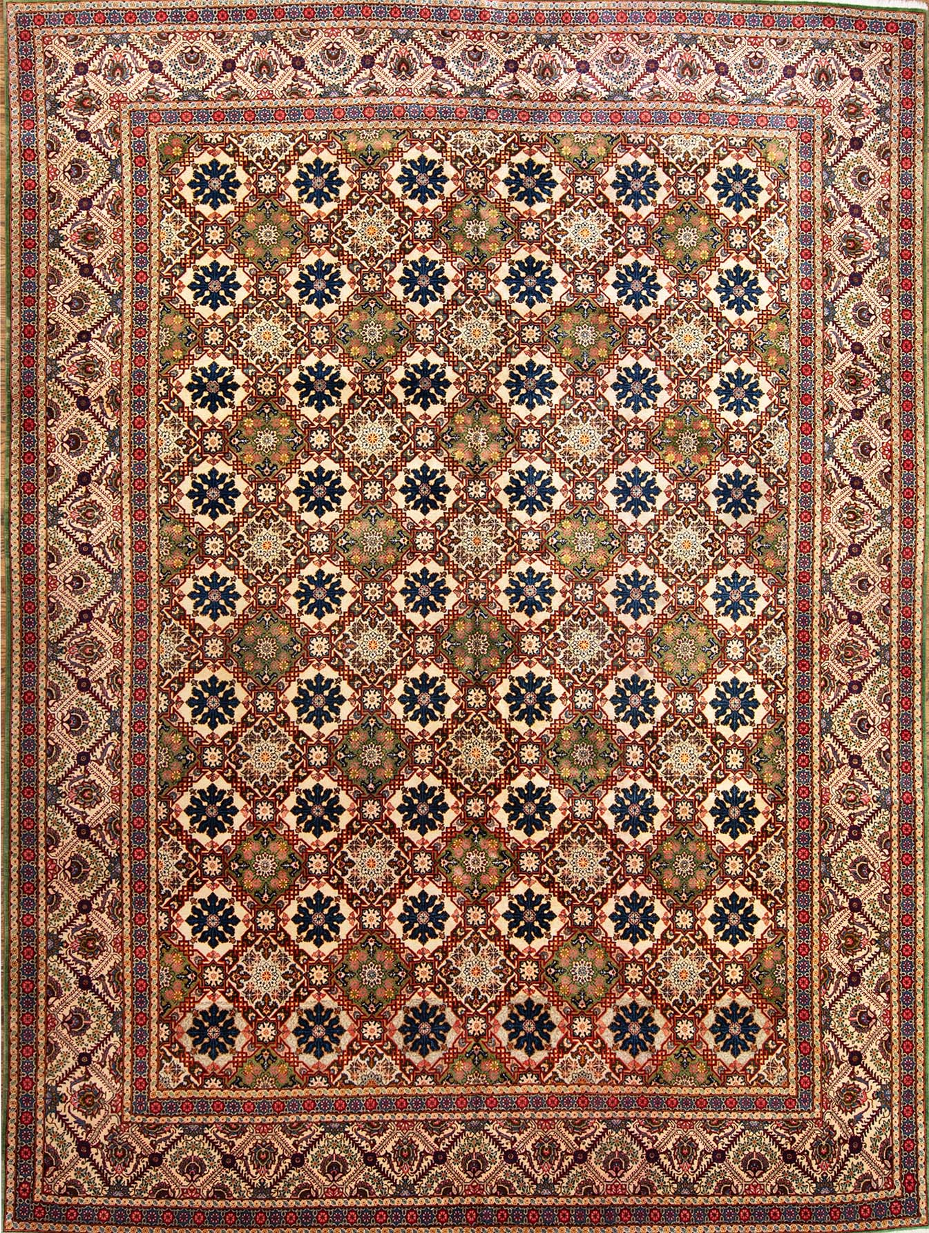 Large area rugs. Hand knotted Persian Kashan area rug made of wool multicolor with green and beige. Size 11x14.