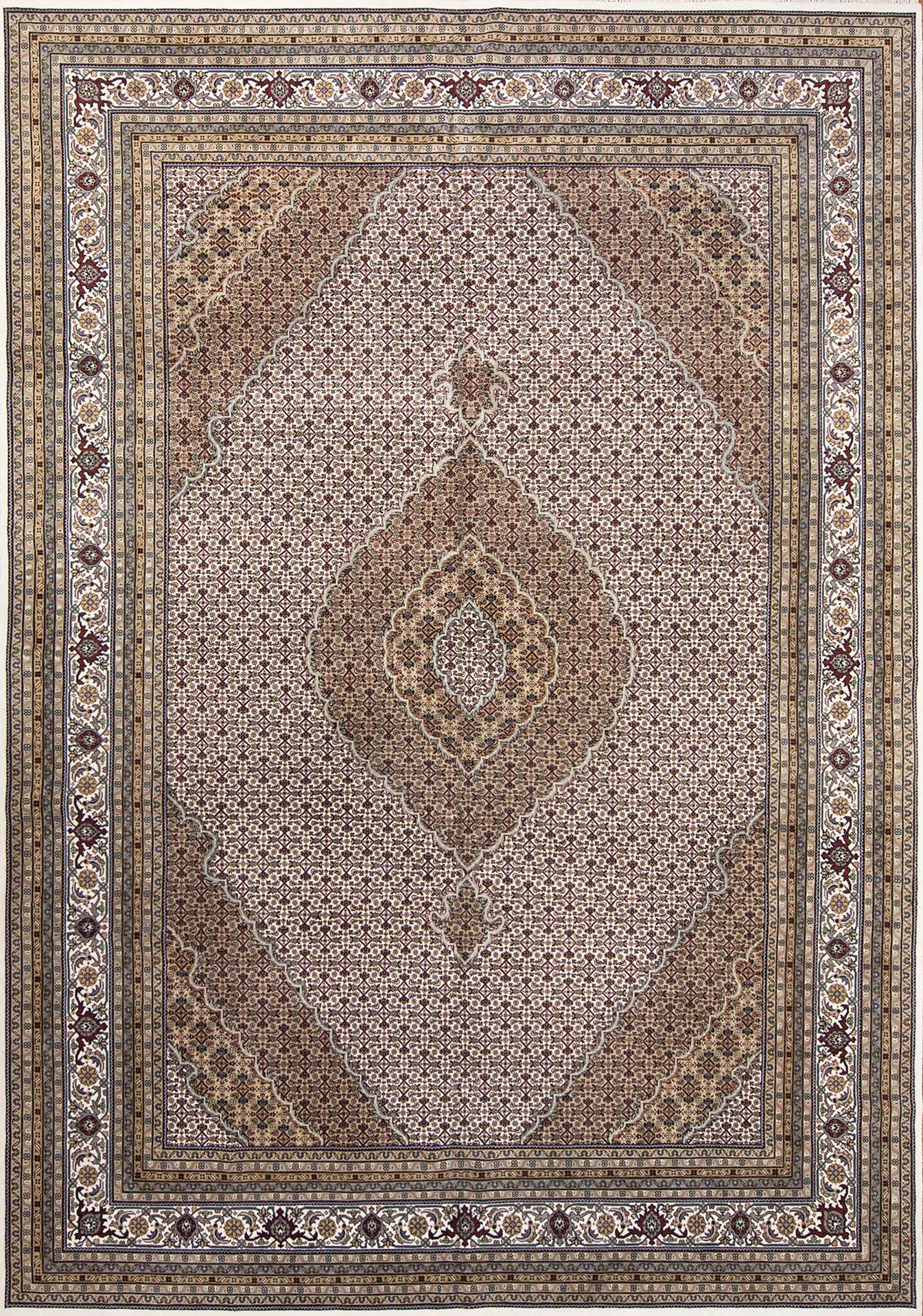 10x14 oriental rug. Handmade beige oriental rug with Persian Tabriz design made of wool.