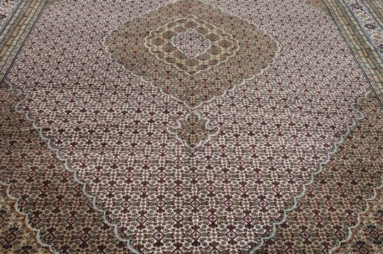 10x14 oriental rug. Handmade beige oriental rug with Persian Tabriz design made of wool.