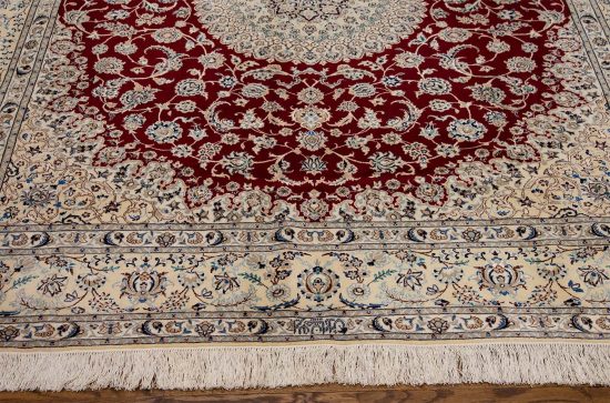 Red Persian rug. Handmade floral Persian Nain wool and silk rug. Size 6.9x8.2.