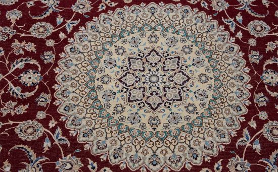 Red Persian rug. Handmade floral Persian Nain wool and silk rug. Size 6.9x8.2.