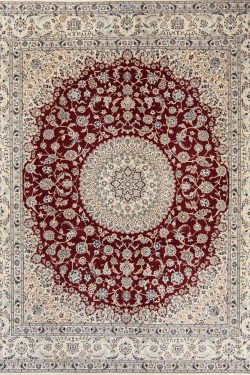 Red Persian rug. Handmade floral Persian Nain wool and silk rug. Size 6.9x8.2.