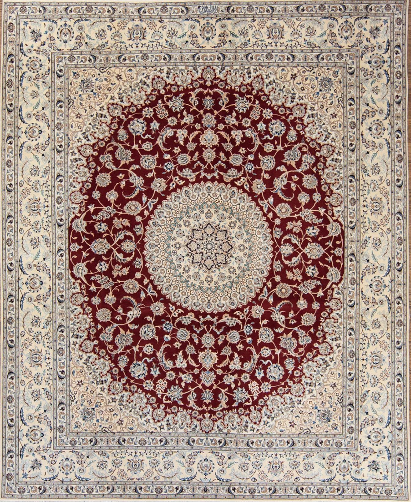 Red Persian rug. Handmade floral Persian Nain wool and silk rug. Size 6.9x8.2.