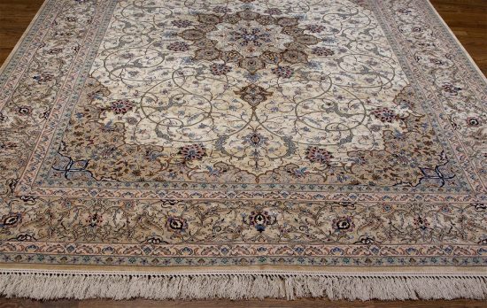 Isfahan silk rug Handmade Persian rug with gold and taupe colors. Size 8.6x12.2