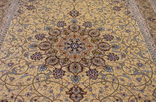 Isfahan silk rug Handmade Persian rug with gold and taupe colors. Size 8.6x12.2