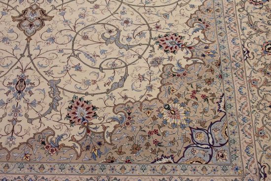 Isfahan silk rug Handmade Persian rug with gold and taupe colors. Size 8.6x12.2