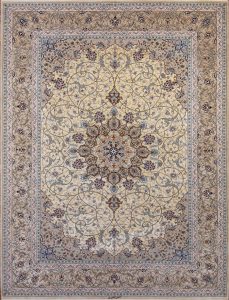 Persian Isfahan silk rug with gold and taupe colors. Size 8.6x12.2