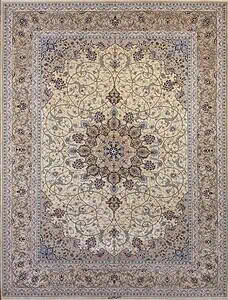 Isfahan silk rug Handmade Persian rug with gold and taupe colors. Size 8.6x12.2