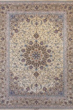 Isfahan silk rug Handmade Persian rug with gold and taupe colors. Size 8.6x12.2